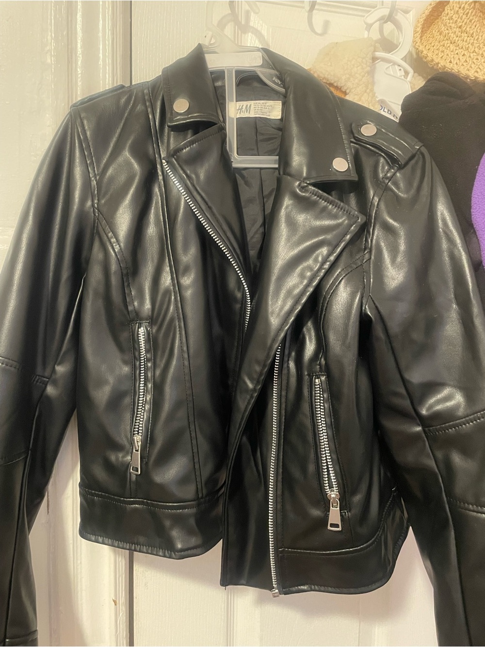 H&M Black Faux Leather Moto Jacket with Silver Hardware